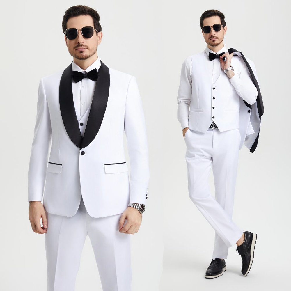 Stacy Adams 3pc Mens Tuxedo Hybrid Fit Shawl Lapel, White